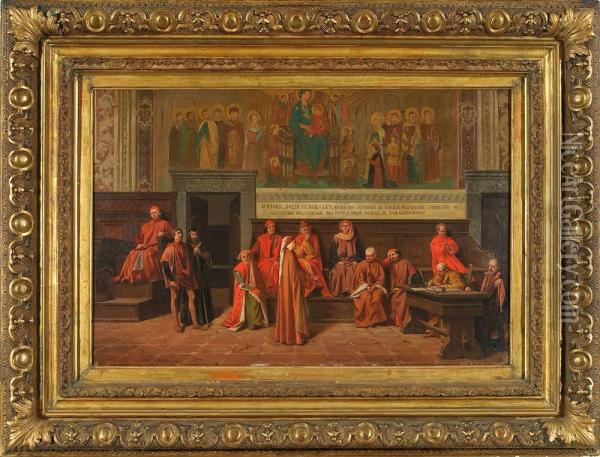 Dante A San Gimignano Alla Corte Di Mino Dei Tolomei Oil Painting - Lodovico Raymond