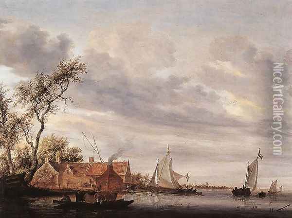 River Scene with Farmstead 1647 Oil Painting - Salomon van Ruysdael