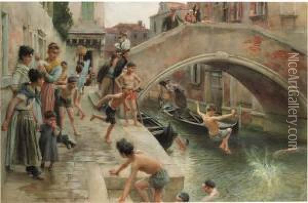 Figures On A Venetian Canal Oil Painting - Ludwig Passini