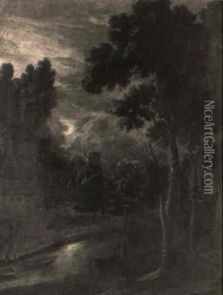 A Moonlit River Landscape With A Windmill Oil Painting - Aert van der Neer