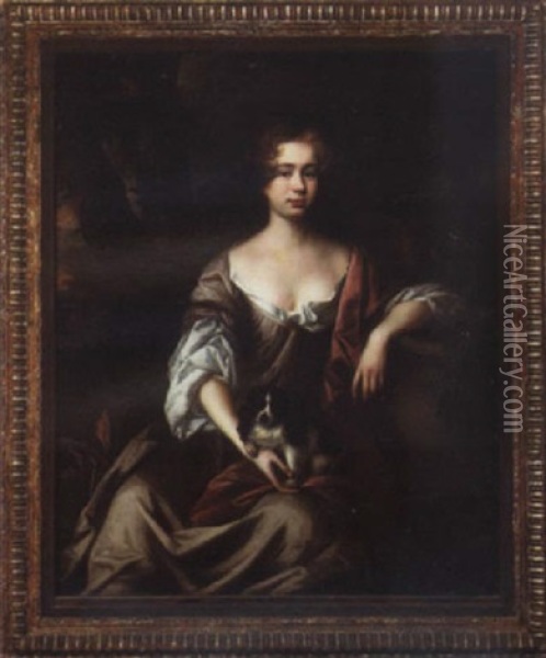 Portrait Of A Lady In Mauve Dress And Crimson Cloak, Seated In A Landscape, A King Charles Spaniel In Her Lap Oil Painting - John Riley