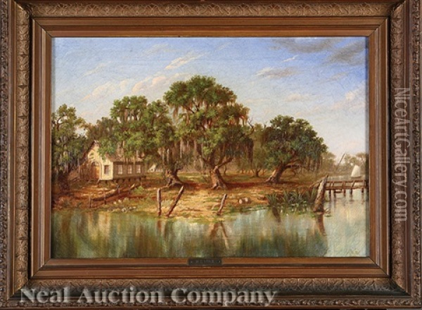 School House By The Shore, Louisiana Bayou Oil Painting - William Henry Buck
