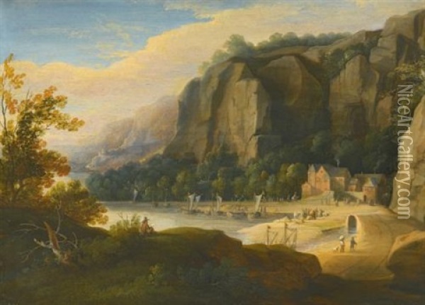A Rocky Cove With Fisherfolk On The Shore, An Artist Sketching In The Foreground Oil Painting - Jacques d' Arthois