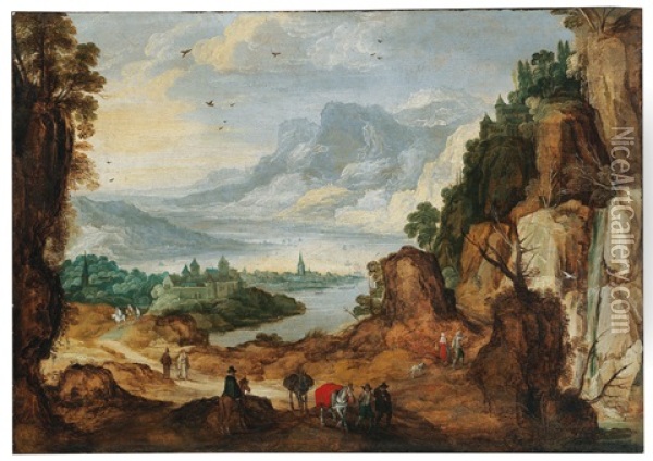 A Vast Mountain Landscape With Travellers Oil Painting - Joos de Momper the Younger