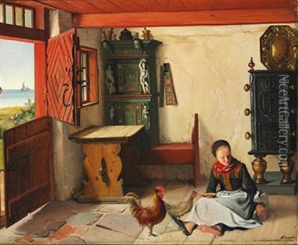 Interior From Fano With A Girl Playing With A Kitten. In The Background A Ship On The Sea Oil Painting - Johann Julius Exner