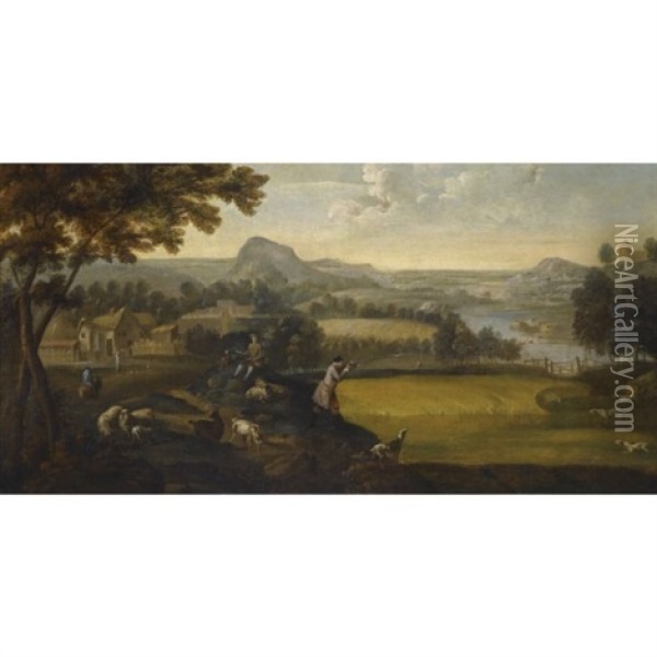 An Extensive Landscape With Figures And A Gentleman Shooting Over Pointers Oil Painting - Jan van der Vinne the Elder