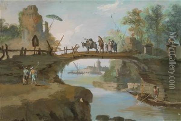 A Landscape With Figures And A Bridge Oil Painting - Giuseppe Bernardino Bison