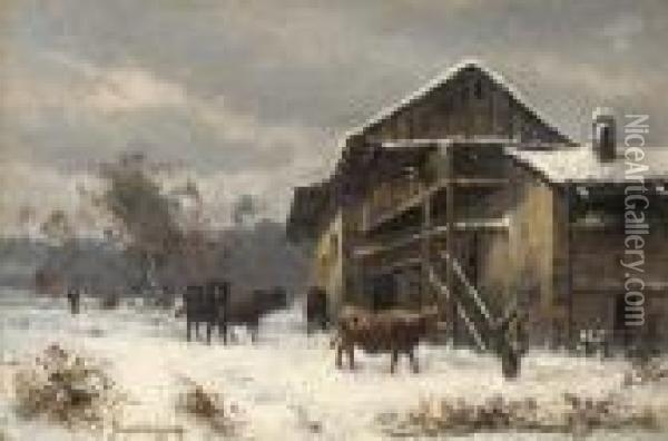 Winter On The Farm Oil Painting - Marie-Regis-Francois Gignoux
