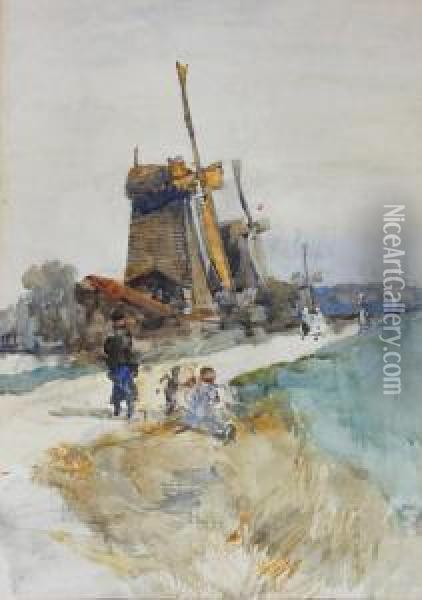 Children By A Windmill Oil Painting - Charles John Watson