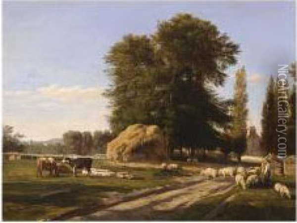 Sheeps And Cows In A Landscape Oil Painting - Georges Etienne Prieur