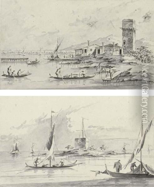 The Torre Di Malghera In The 
Venetian Lagoon; And The Castello Di Sant'andrea On The Lido Oil Painting - Giacomo Guardi