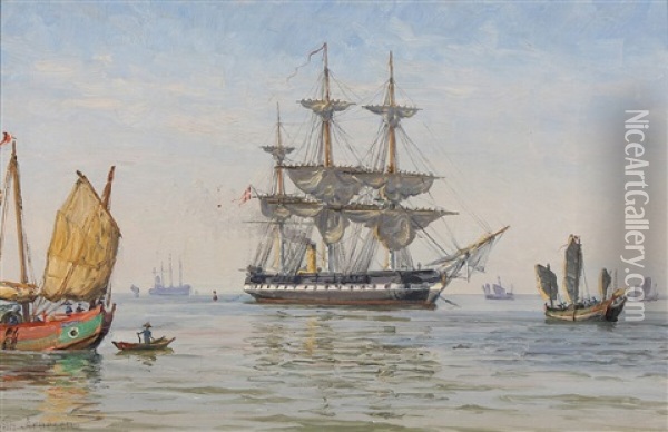 The Danish Frigate Tordenskjold Laying Telegraph Cables In Asian Waters Oil Painting - Vilhelm Karl Ferdinand Arnesen