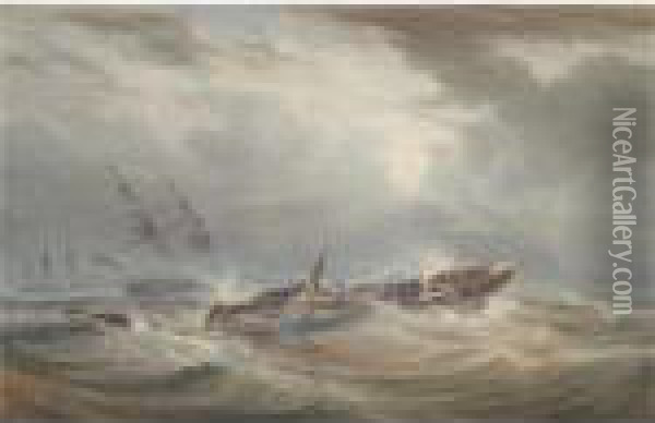 A Dismasted Vessel In The Teeth Of A Gale Oil Painting - William Joy
