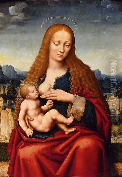 Madonna And Child In A Landscape Oil Painting - Marco d' Oggiono