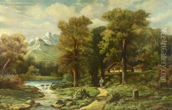 Mountain Landscape With A Brook Oil Painting - Adolf Kaufmann