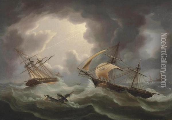Loss Of H.m.s.'s Blenheim And Java In A Hurricane Off Rodriguez Oil Painting - Thomas Buttersworth