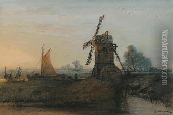 A Broadland Scene At Evening, With A Windmill In The Foreground Oil Painting - Edward Robert Smythe