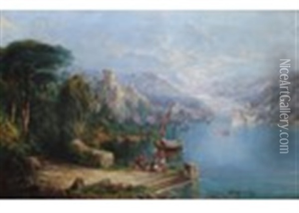 A Capriccio View Of An Italian Lake, C.1880 Oil Painting - John Bell