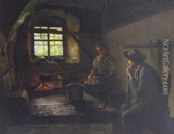 Paar In Der Bauernkuche. Oil Painting - Emil Rau
