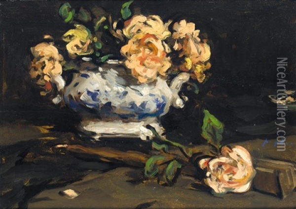 Still Life With Roses In A Blue And White Vase (+ A River Landscape, Verso) Oil Painting - Samuel John Peploe