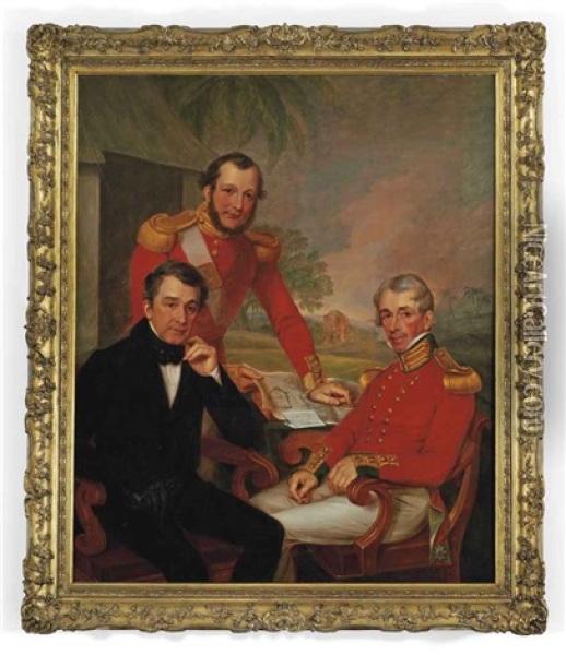 Triple Portrait Of Colonel Sir James Jackson, Major George Lee, And Major General Brice Wakeford Lee, At A Desk In A Landscape, With A Map And A Letter... Oil Painting - James Leakey