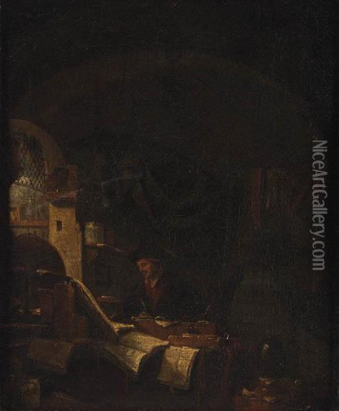 An Alchemist In His Study Oil Painting - Thomas Wyck