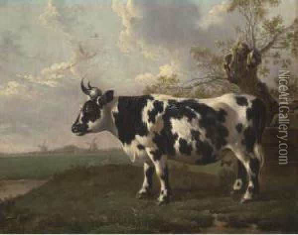 A Pastoral Landscape With A Cow By A Pollard Willow, Windmillsbeyond Oil Painting - Abraham van, I Strij