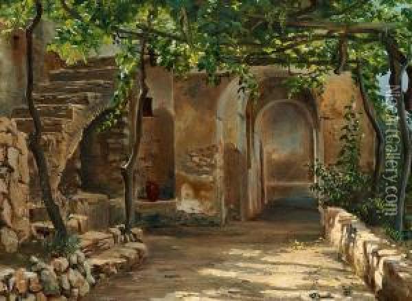 Sun And Shadow In A Pergola, Italy Oil Painting - Ernst Meyer