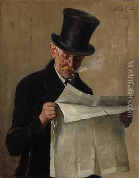 A Gentleman Reads The Paper Oil Painting - Josef Kinzel