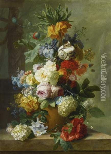 Still Life Of Flowers In A Vase On A Marble Ledge Oil Painting - Jan Van Huysum