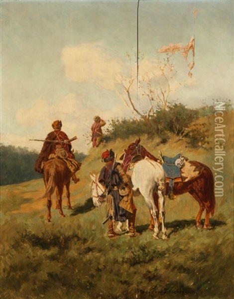 Cossacks On A Lookout With Horses Oil Painting - Wladislaw Karol Szerner