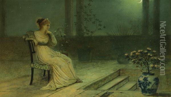 A Classical Maiden Seated On A Terrace By Moonlight Oil Painting - John Atkinson Grimshaw