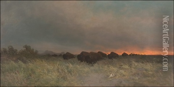 Buffalo Stampede - Prarie Fire Oil Painting - Frederick Ferdinand Schafer
