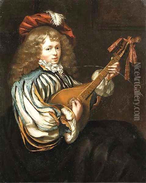 A young boy in a feathered red cap playing the mandolin Oil Painting - Frans van Mieris