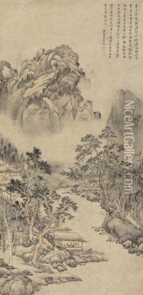 Pavilion By Bamboo And Stream After Huang Gongwang Oil Painting - Ju Jie