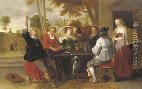 Elegant company at table on a terrace Oil Painting - Christoffel Jacobsz van der Lamen