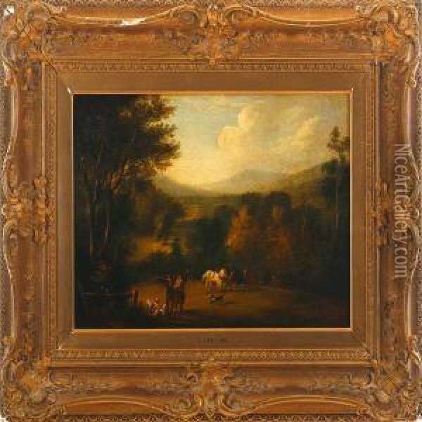 A Landscape Scenery With Hunters, Horses And Dogs Oil Painting - Henry Thomas Alken