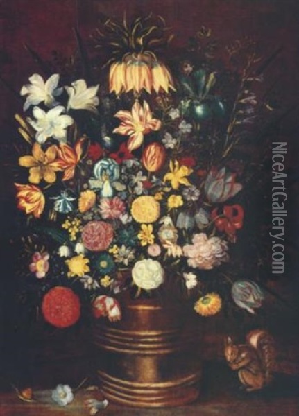 Blumenstilleben In Einem Holzbottich Oil Painting - Samuel van den Hecken