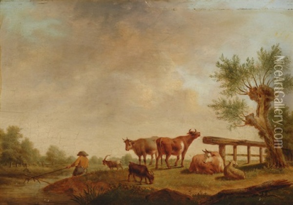 Landscape With Fisherman And Cows Oil Painting - Henri-Joseph Antonissen