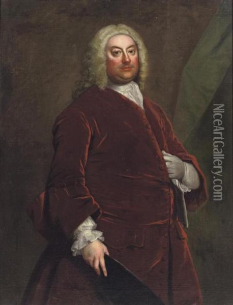 Portrait Of A Gentleman, Three-quarter-length, In A Red Velvet Coat Oil Painting - Thomas Hudson