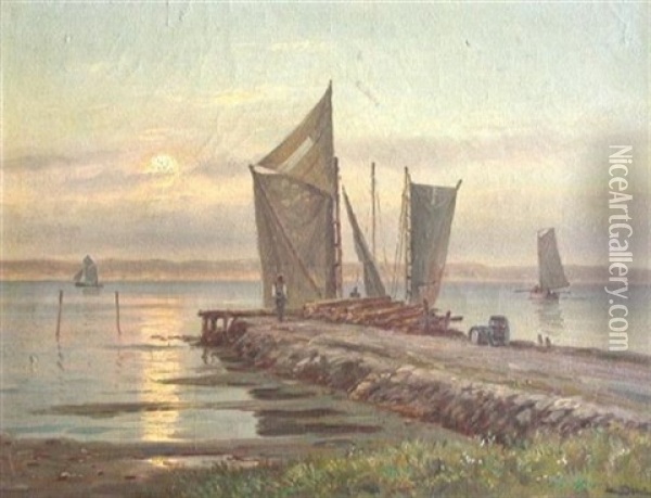 Sunset On The Quay Oil Painting - Ludwig Dill