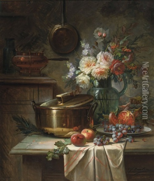 Still Life With Roses And Fruits Oil Painting - Max Carlier