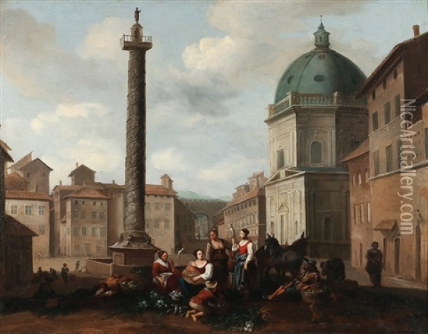 Market At Trajan's Column, Rome Oil Painting - Johannes Lingelbach