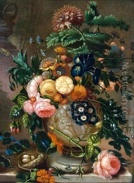 A Still Life Of Roses And Other Flowers In Anurn On A Ledge Oil Painting - Jan van Os