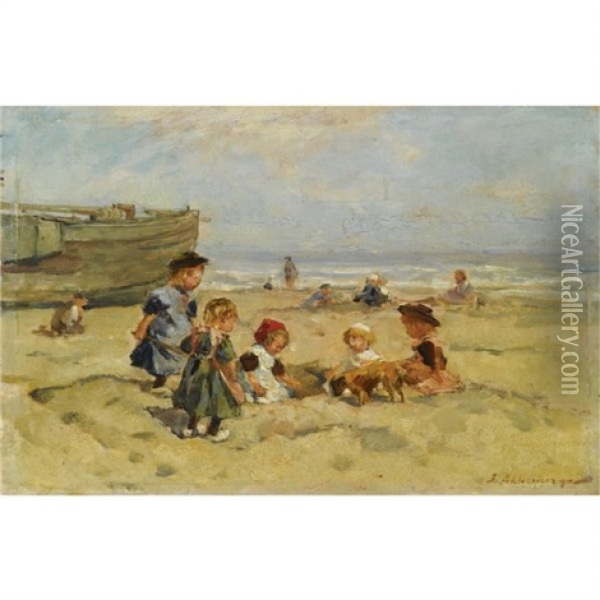 Children At Play On The Beach In Zeeland Oil Painting - Johannes Evert Hendrik Akkeringa