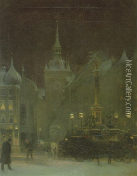 Der Marienplatz In Munchen In Einer Winternacht Mit Blick Auf Droschken, Mariensaule Und Altes Rathaus Oil Painting - Johann Friedrich Hennings