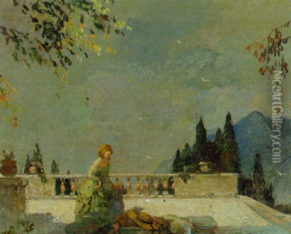 On The Terrace Oil Painting - Ettore Caser