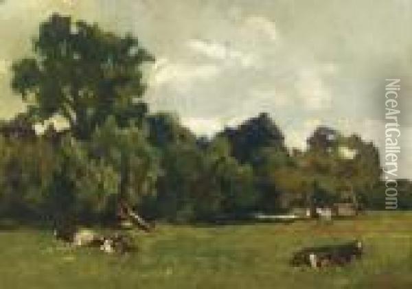 Landschap Bij Loosduinen: Cows In A Meadow By Loosduinen Oil Painting - Willem de Zwart