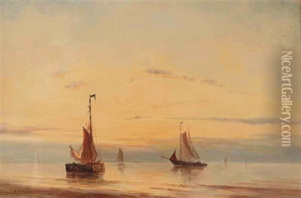 Sailing Vessels Moored At Sunset Oil Painting - Jacob Willem Gruyter
