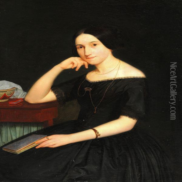Lady Moltke In A Black Dress At A Table Oil Painting - Julius Exner